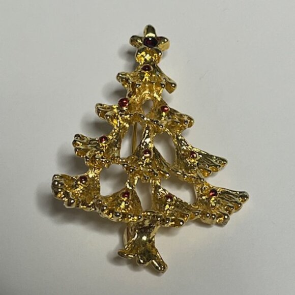 VTG Gold Tone Christmas Tree Red Painted Ornaments Holiday Festive Brooch Pin 2" - Picture 14 of 14